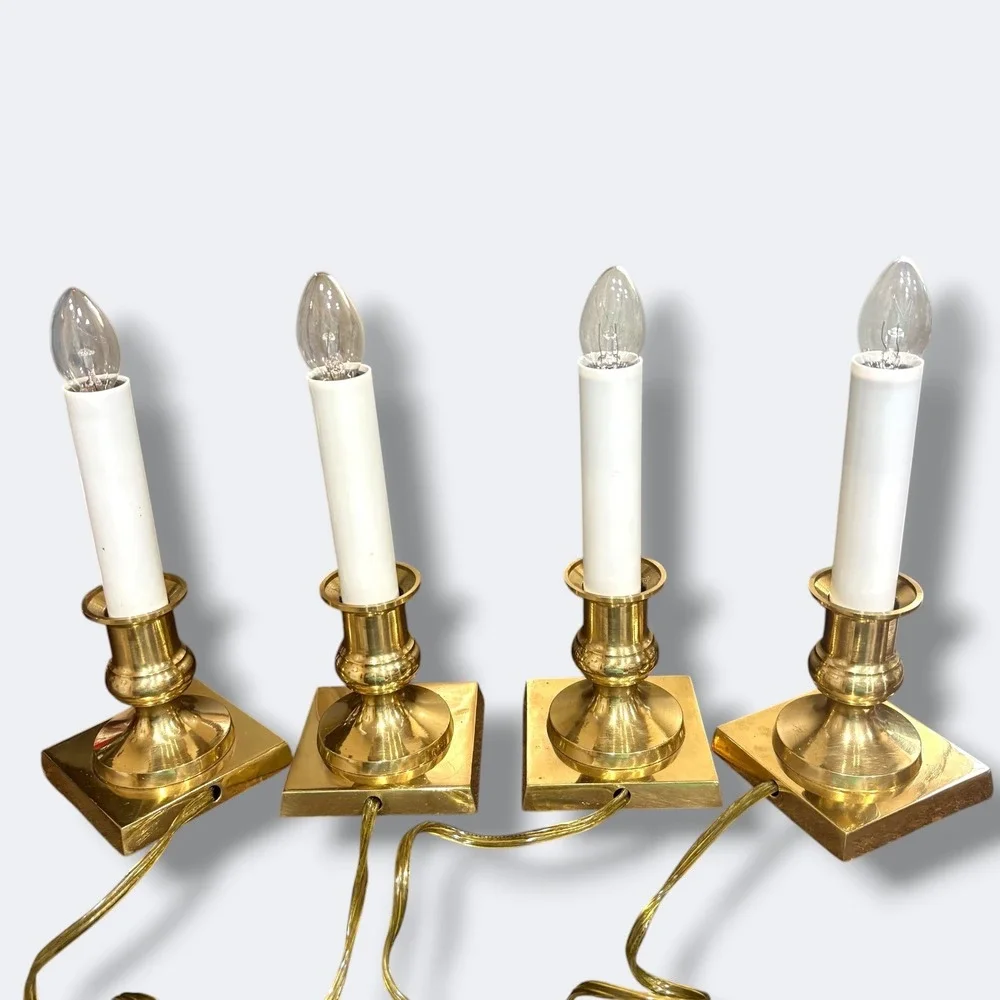 Vintage Brass Electric Window‎ Candles Set of 4 Square Base Holiday Decor Taiwan